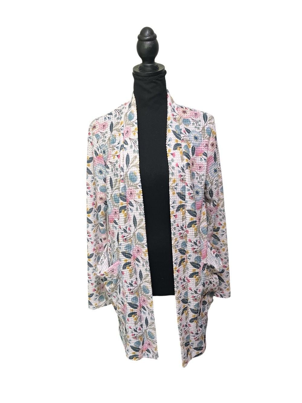 Boutique Floral Waffle Knit Open Front Cardigan One Size Lightweight Stretchy - Picture 1 of 7